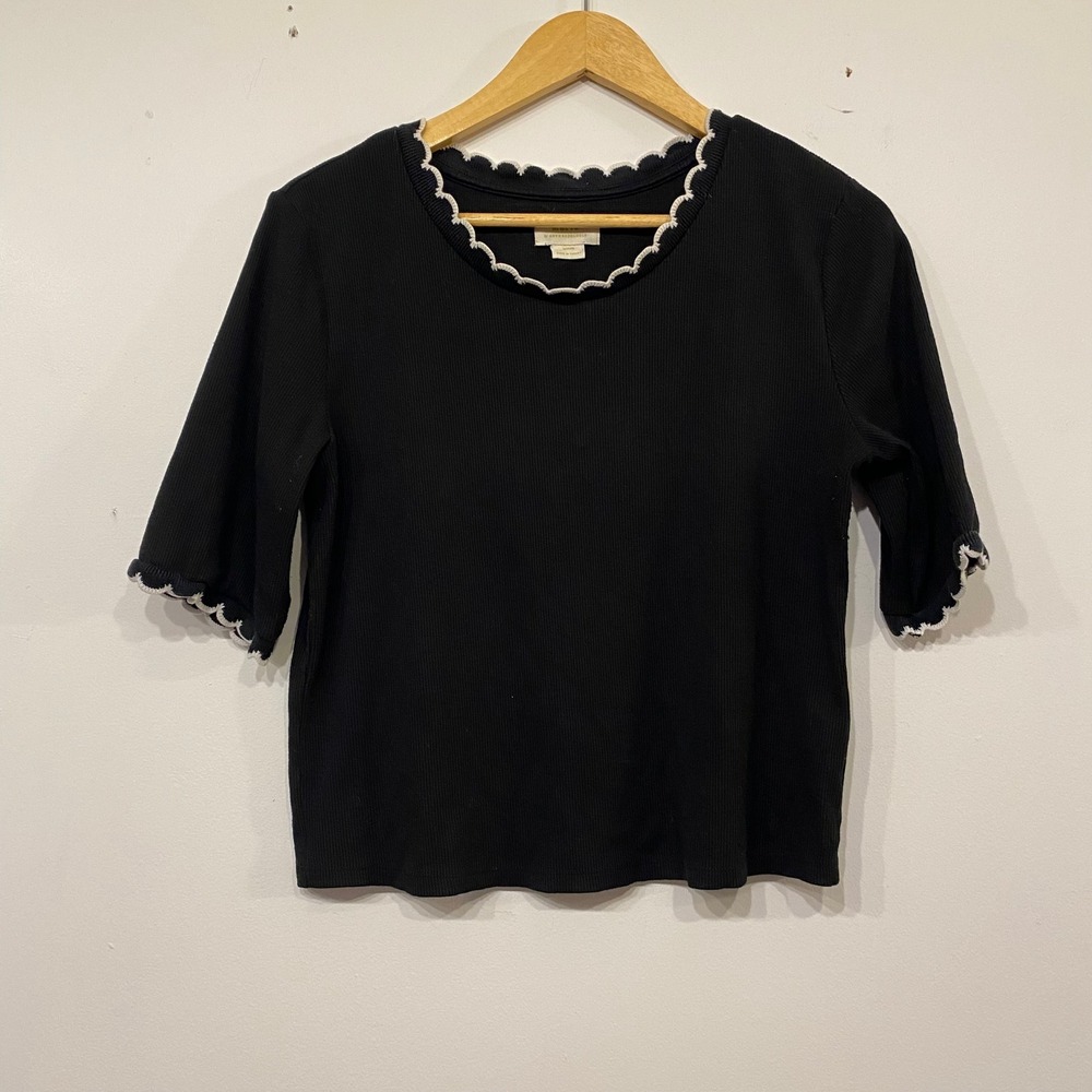 Maeve Anthropologie Black Ribbed Scalloped Neck Elbow Sleeve Top Medium Preppy